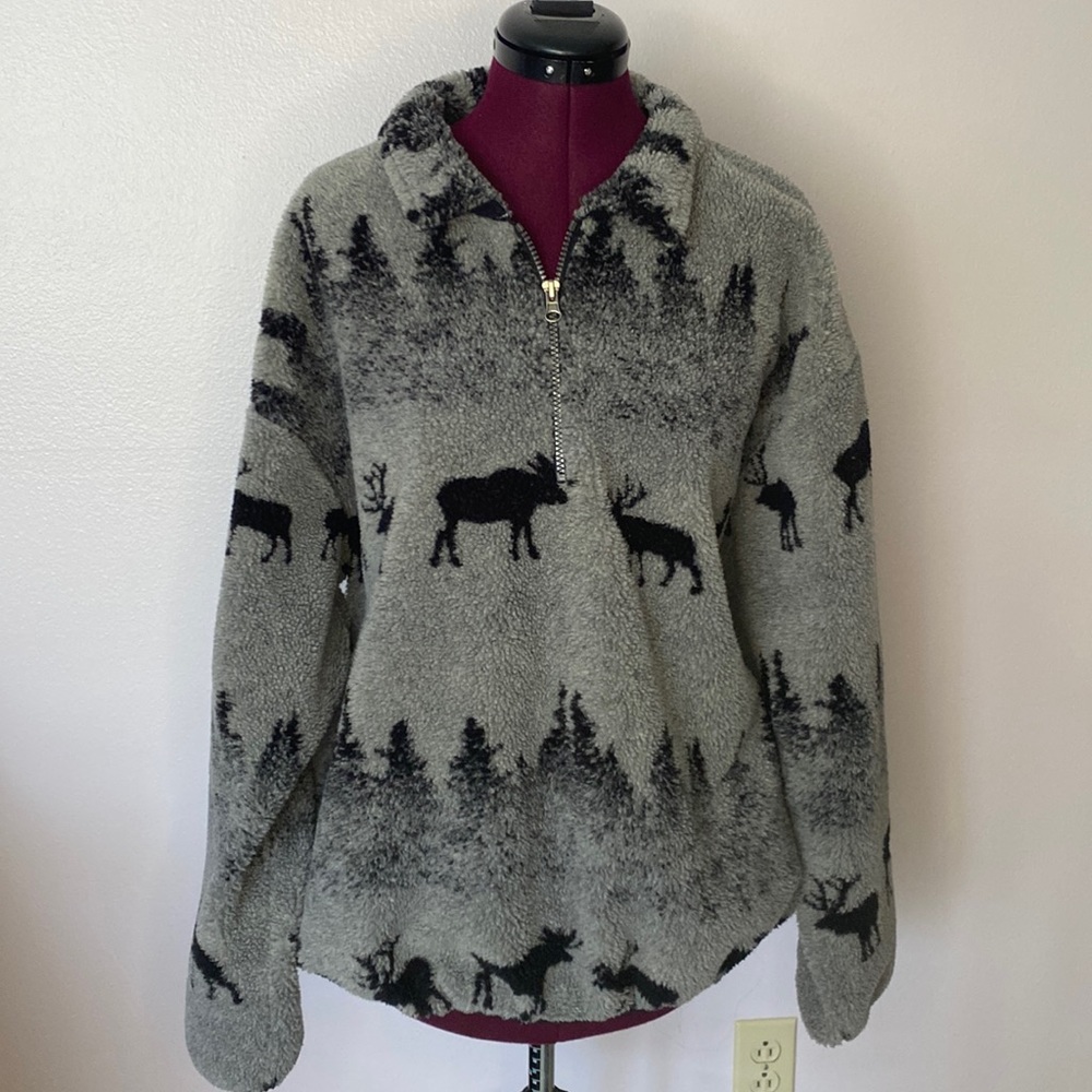 Artisans sherpa grey and black moose print 1/4 zip